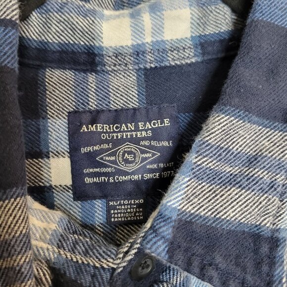 American Eagle Men's Button Front Plaid Flannel Shirt Blue White sz XL - Picture 4 of 7